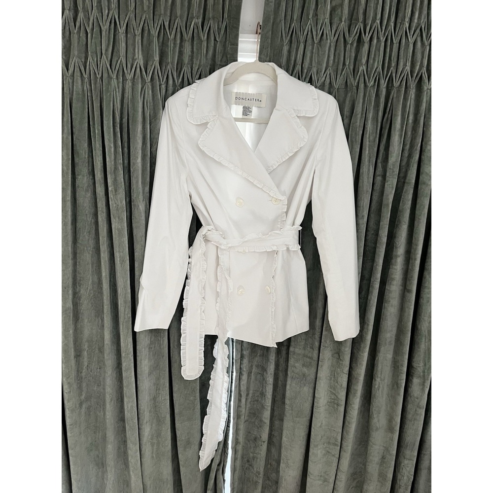 Vtg Doncaster White Trench Blazer Ruffle Sz 12 Double Breast Button Belt Cotton - Picture 10 of 10